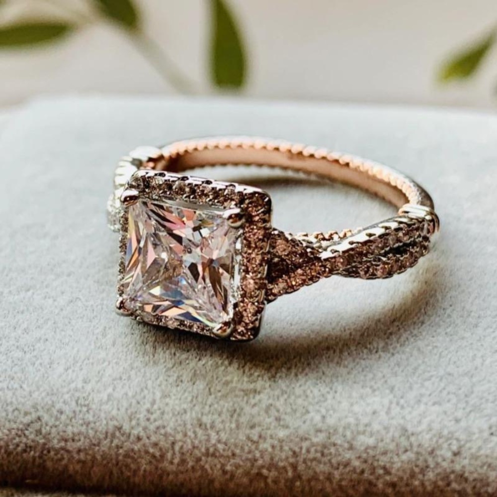 Princess Cut Halo Ring with Decorative Crossover Band